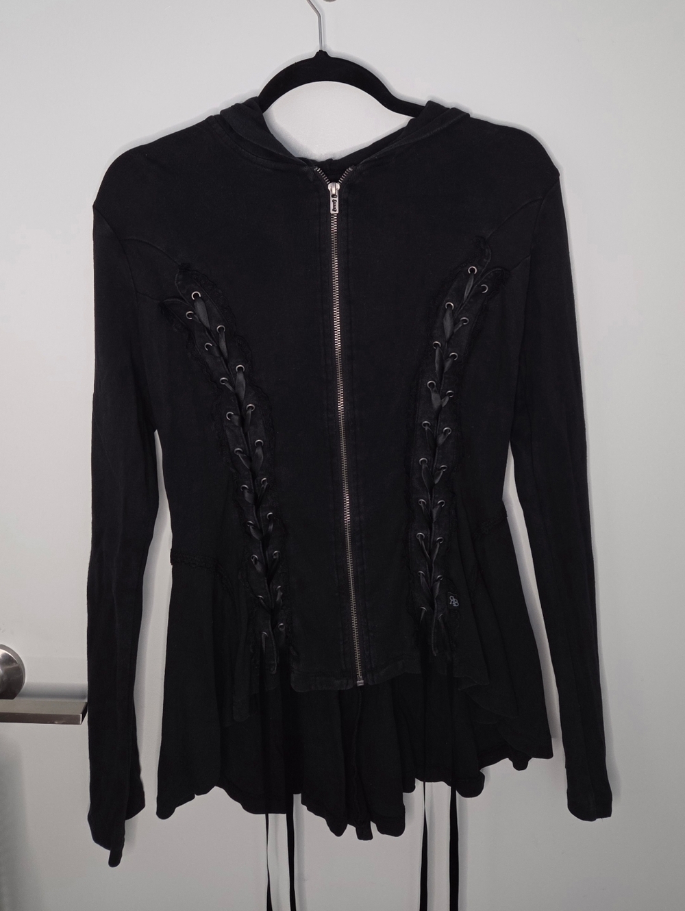 Royal Bones Juniors Small Black Corset Tie High-Low Lace Zip Up Hoodie Jacket